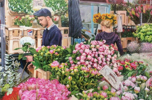 scène marché aux fleurs Paris tableau peinture huile sur toile