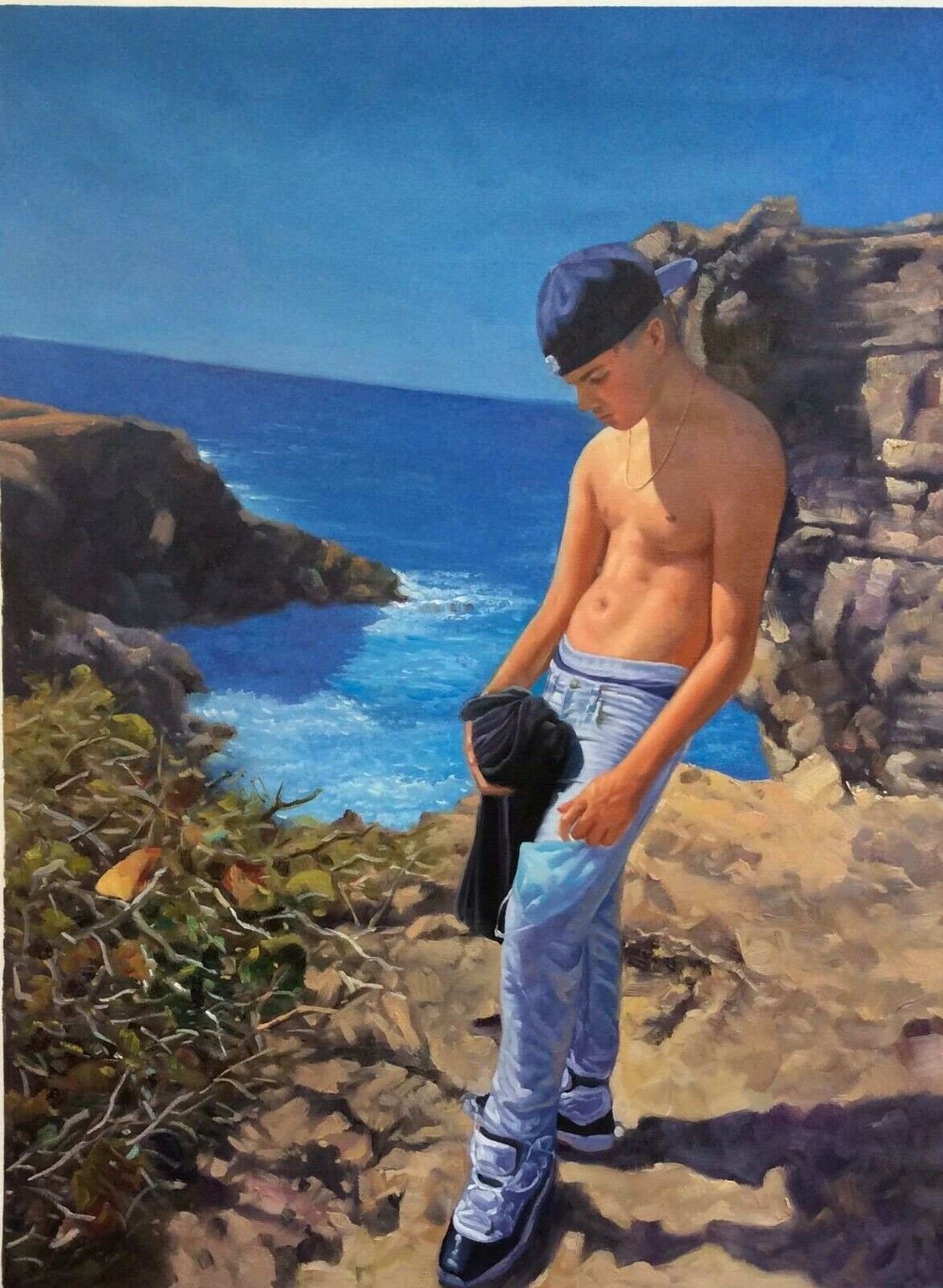 tableau peinture originale huile sur toile jeune homme torse nu à la plage