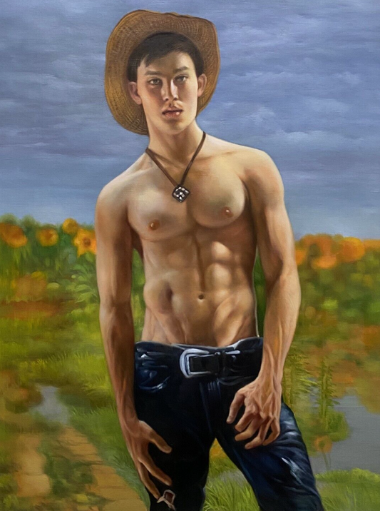 tableau magnifique peinture huile sur toile jeune homme fermier torse nu